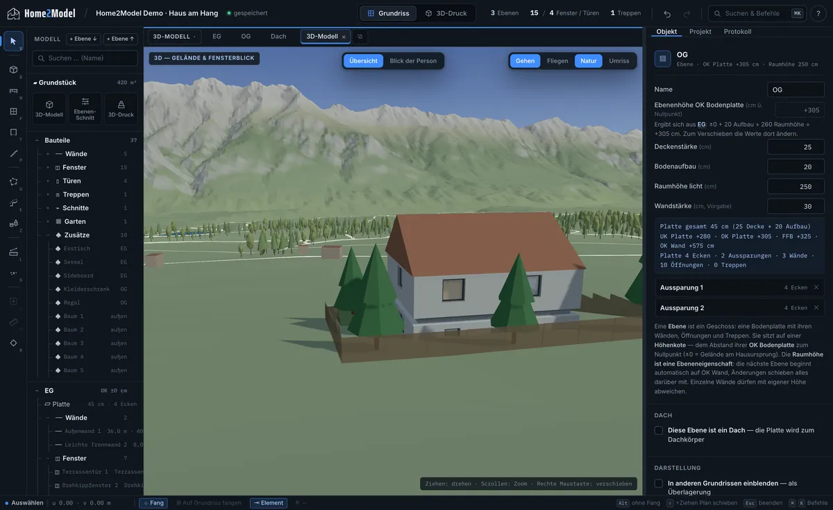 3D-Ansicht im Werkzeug: zweigeschossiges Haus mit Satteldach, Zaun und Bäumen auf einer Wiese, dahinter die Felsgipfel der Kalkkögel aus dem echten Höhenmodell.